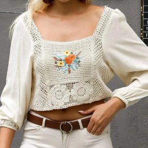 Ivory Croshet Knit Crop Top, Floral Embroidered,  Size L